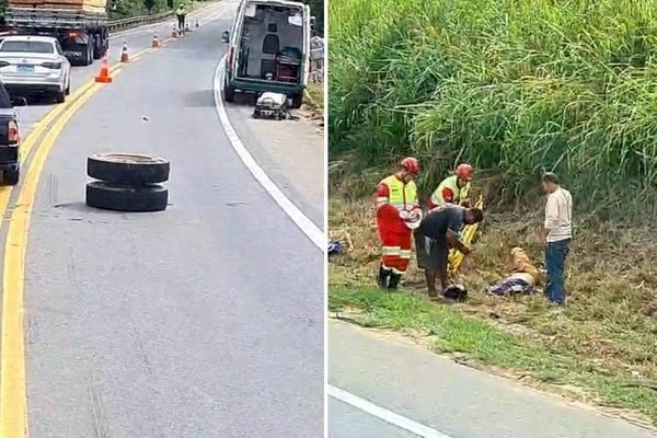 Rodas se soltam de caminhão e atingem moto com duas pessoas na BR 101 em Fundão